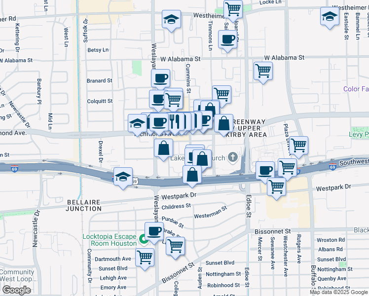map of restaurants, bars, coffee shops, grocery stores, and more near 20 Greenway Plaza in Houston