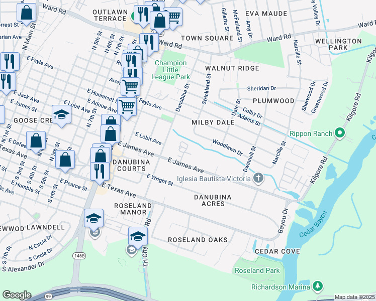 map of restaurants, bars, coffee shops, grocery stores, and more near 1310 East James Avenue in Baytown