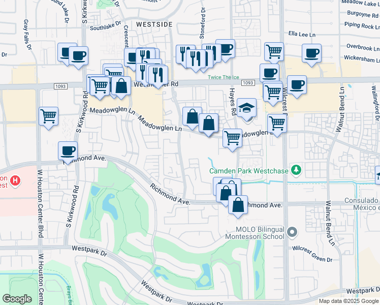 map of restaurants, bars, coffee shops, grocery stores, and more near 2939 Woodland Park Drive in Houston