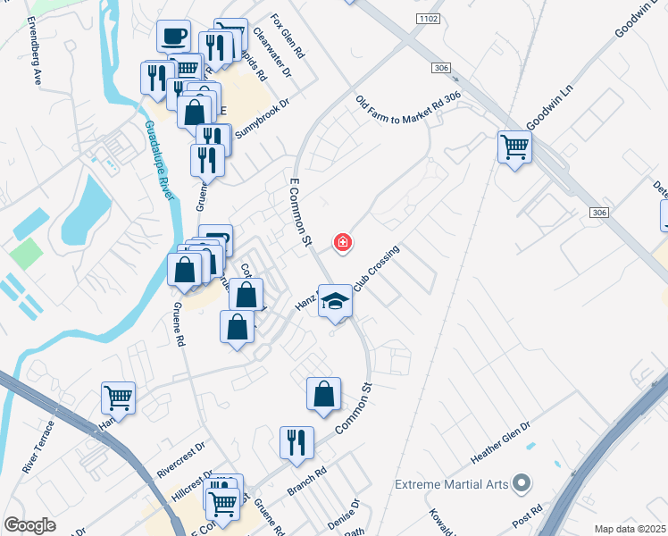 map of restaurants, bars, coffee shops, grocery stores, and more near 2020 Sundance Parkway in New Braunfels