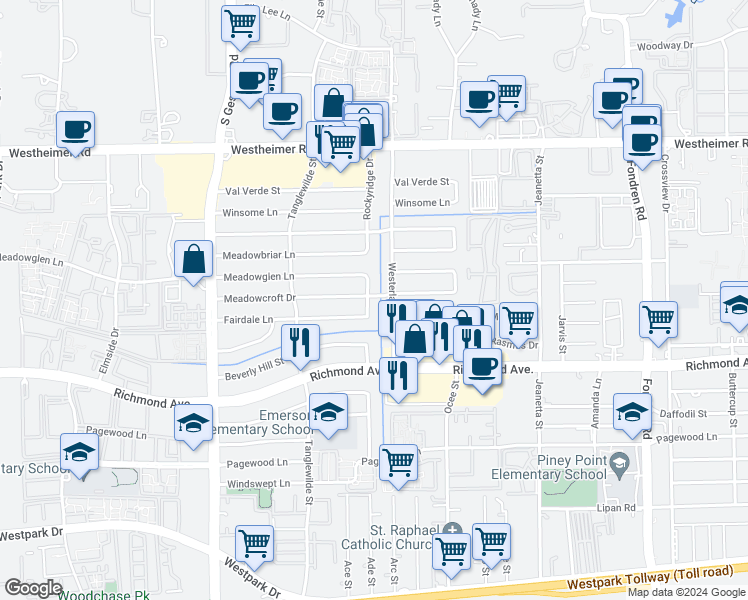 map of restaurants, bars, coffee shops, grocery stores, and more near 3103 Rockyridge Drive in Houston
