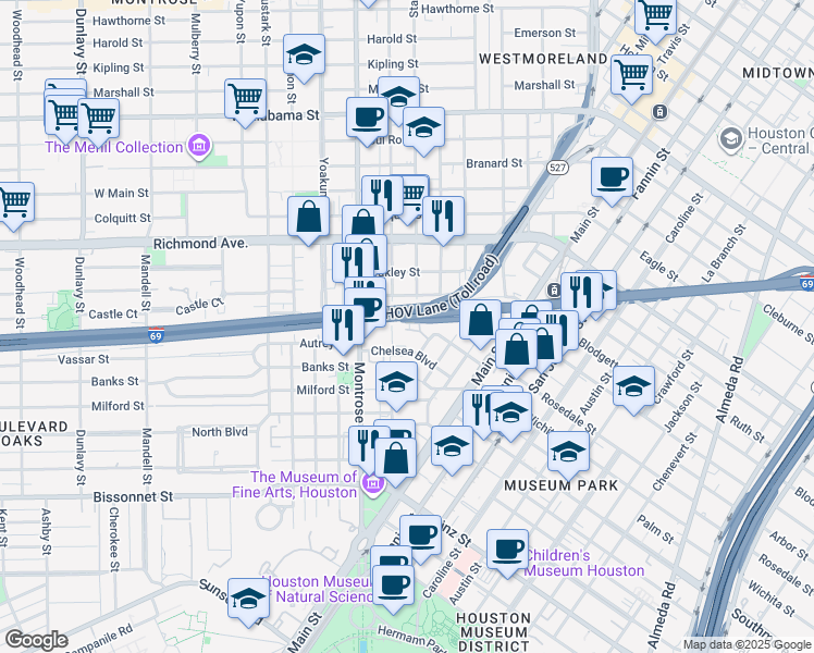 map of restaurants, bars, coffee shops, grocery stores, and more near 4606 Stanford Street in Houston