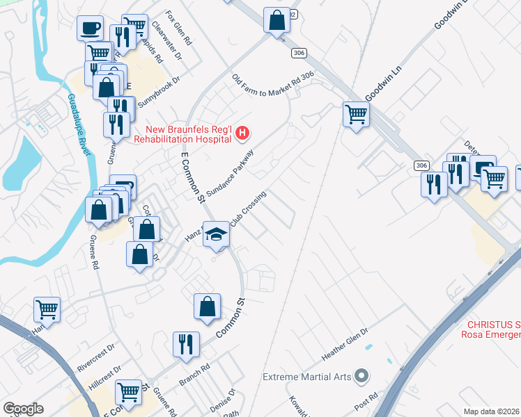 map of restaurants, bars, coffee shops, grocery stores, and more near 859 Camel Back Drive in New Braunfels
