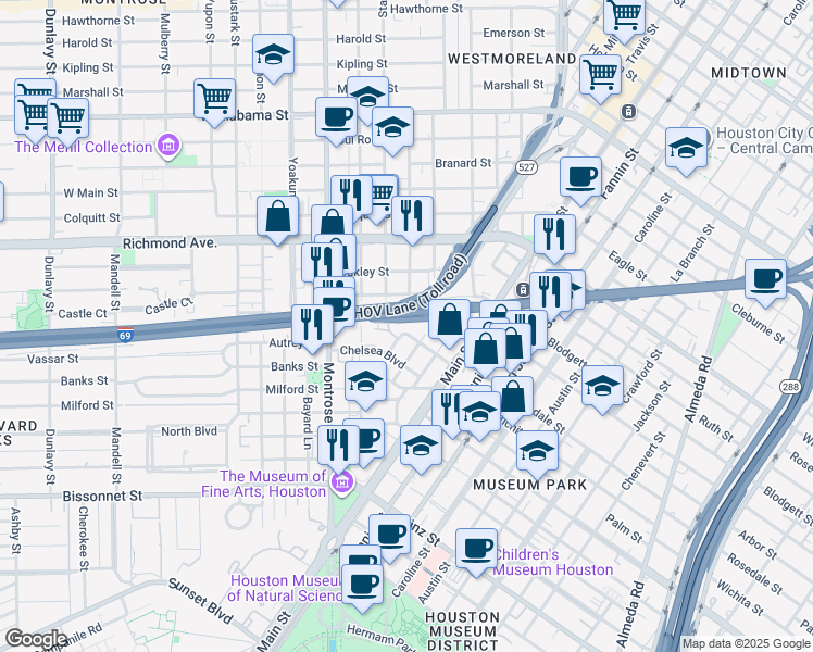 map of restaurants, bars, coffee shops, grocery stores, and more near 4710 Greeley Street in Houston