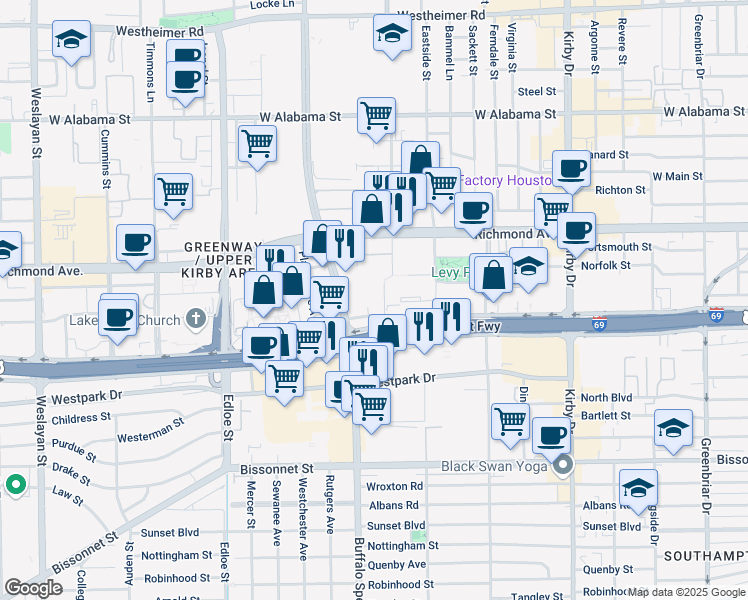 map of restaurants, bars, coffee shops, grocery stores, and more near 3812 Audley Street in Houston