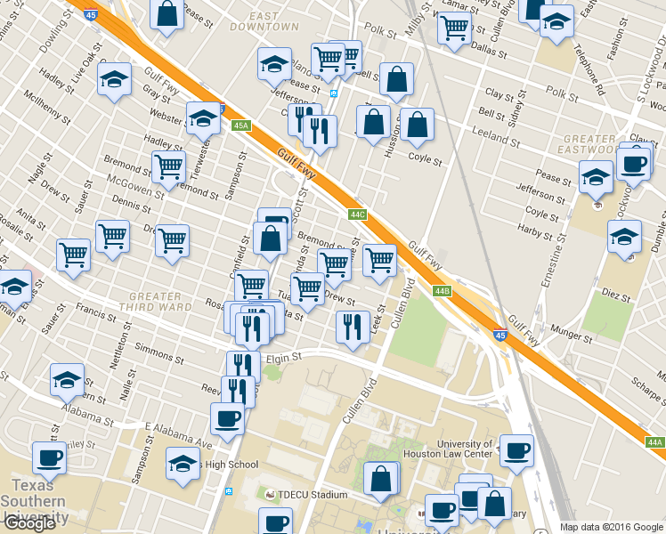 map of restaurants, bars, coffee shops, grocery stores, and more near 3710 McGowen Street in Houston