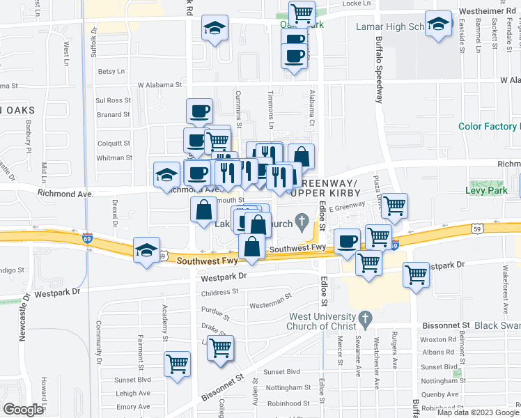 map of restaurants, bars, coffee shops, grocery stores, and more near 14 Greenway Plaza in Houston