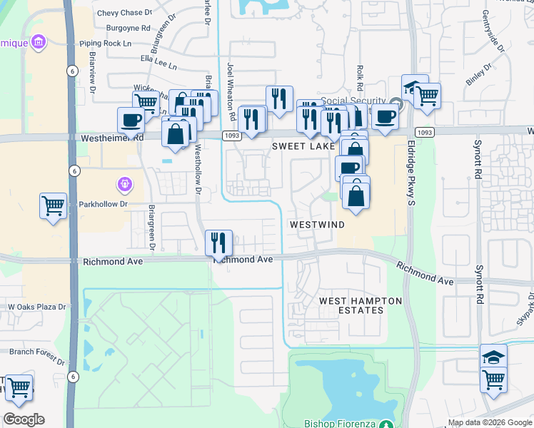 map of restaurants, bars, coffee shops, grocery stores, and more near 13724 Hollowgreen Drive in Houston