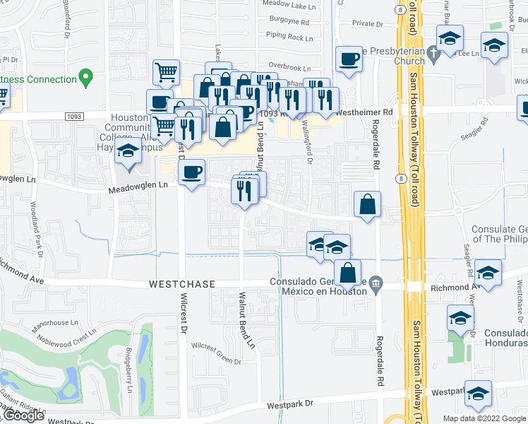 map of restaurants, bars, coffee shops, grocery stores, and more near 10855 Meadowglen Lane in Houston