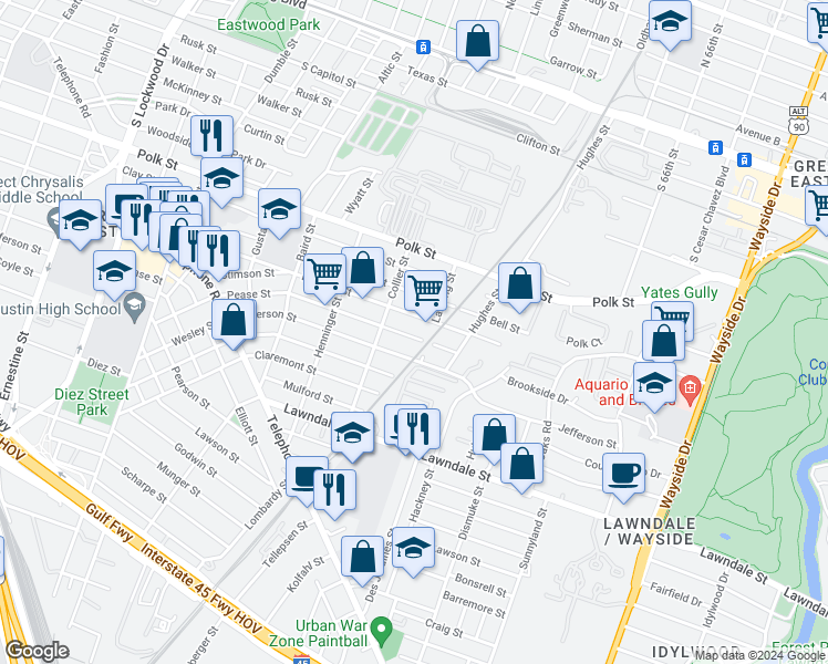 map of restaurants, bars, coffee shops, grocery stores, and more near 5337 Pease Street in Houston