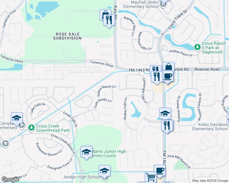 map of restaurants, bars, coffee shops, grocery stores, and more near 3515 Chestnut Grove Lane in Fulshear