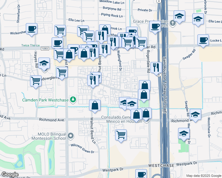 map of restaurants, bars, coffee shops, grocery stores, and more near 10755 Meadowglen Lane in Houston
