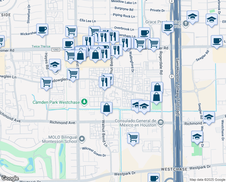 map of restaurants, bars, coffee shops, grocery stores, and more near 10855 Meadowglen Lane in Houston