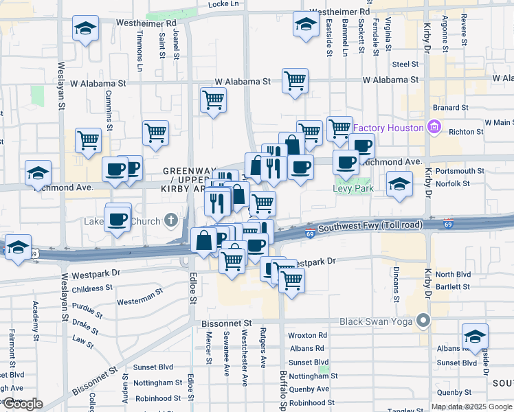 map of restaurants, bars, coffee shops, grocery stores, and more near in Houston