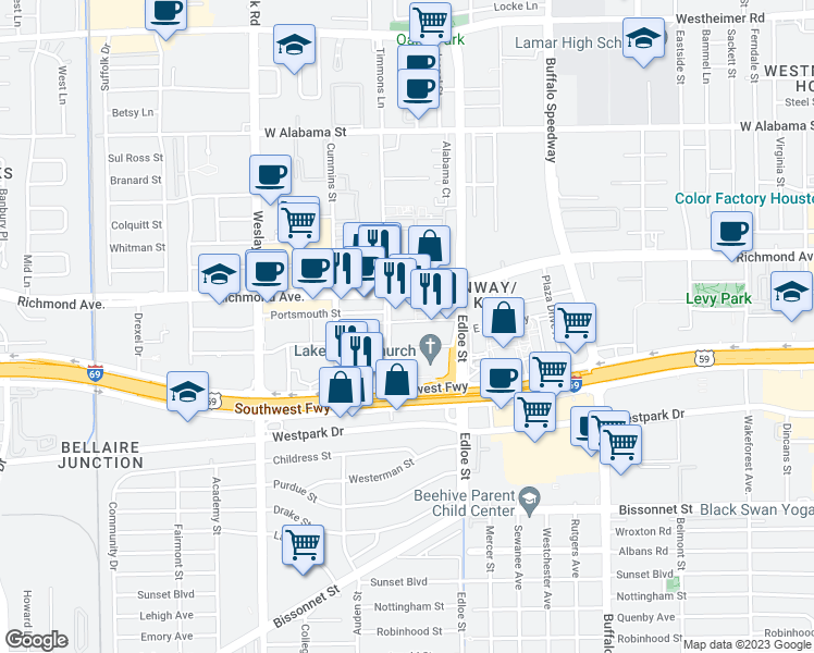 map of restaurants, bars, coffee shops, grocery stores, and more near 10 East Greenway Plaza in Houston