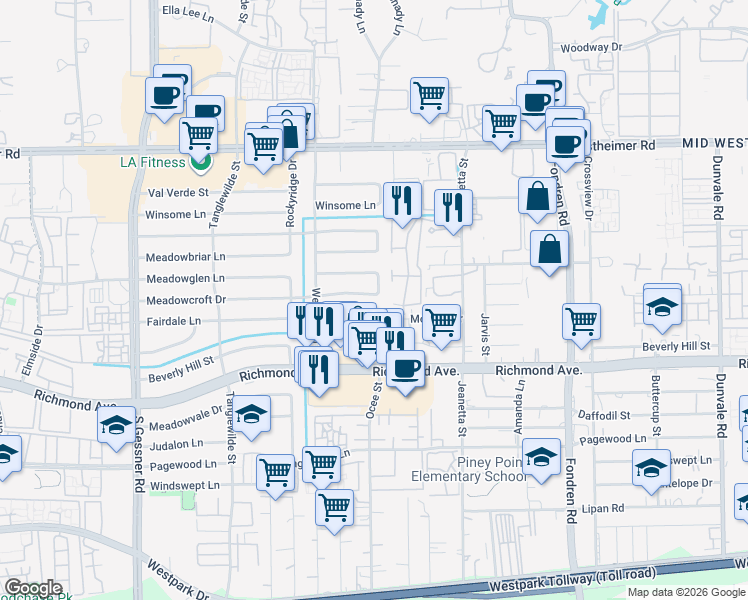 map of restaurants, bars, coffee shops, grocery stores, and more near 9307 Meadowcroft Drive in Houston