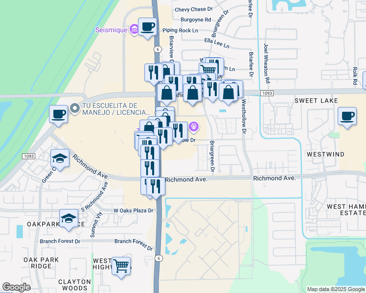 map of restaurants, bars, coffee shops, grocery stores, and more near 2703 Highway 6 in Houston