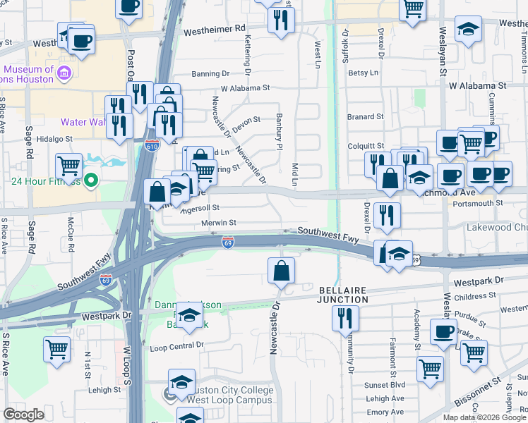 map of restaurants, bars, coffee shops, grocery stores, and more near 4607 Ingersoll Street in Houston
