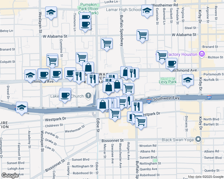 map of restaurants, bars, coffee shops, grocery stores, and more near 9 East Greenway Plaza in Houston