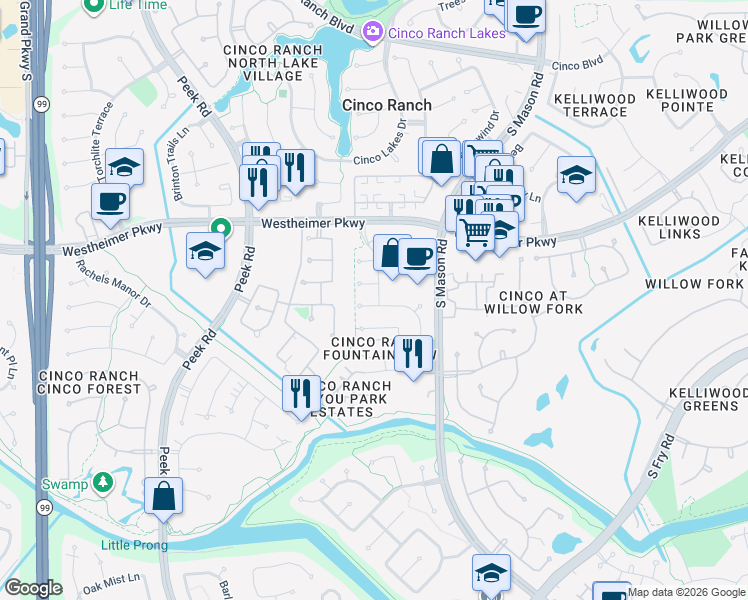 map of restaurants, bars, coffee shops, grocery stores, and more near 22406 Bellows Bend Drive in Katy
