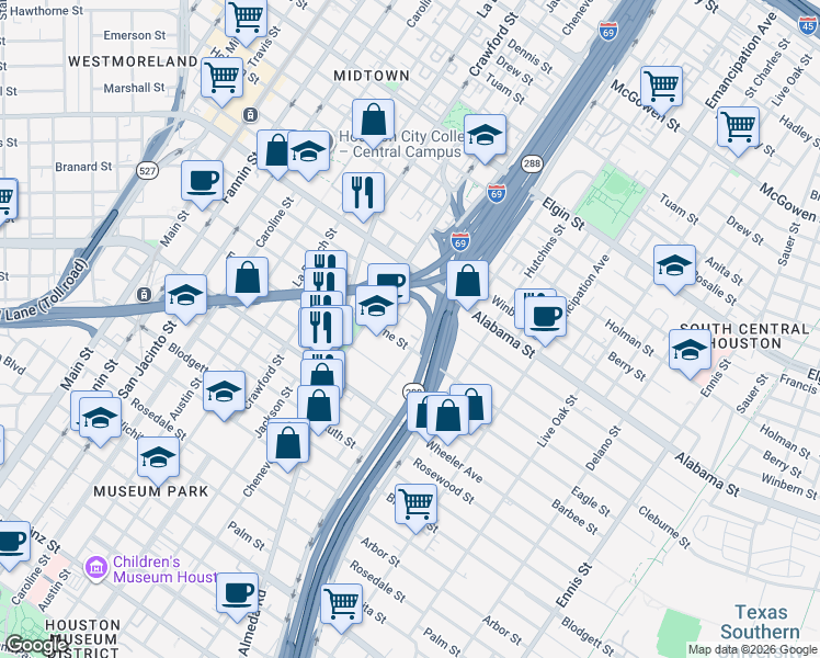 map of restaurants, bars, coffee shops, grocery stores, and more near 1908 Isabella Street in Houston
