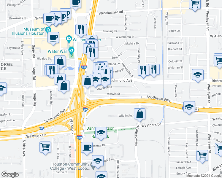 map of restaurants, bars, coffee shops, grocery stores, and more near 4663 Ingersoll Street in Houston