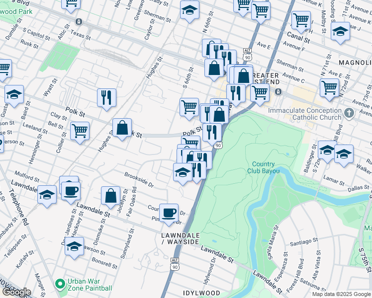 map of restaurants, bars, coffee shops, grocery stores, and more near 6505 Miraglen Street in Houston