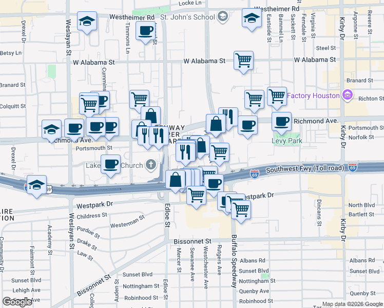 map of restaurants, bars, coffee shops, grocery stores, and more near 3 Greenway Plaza in Houston