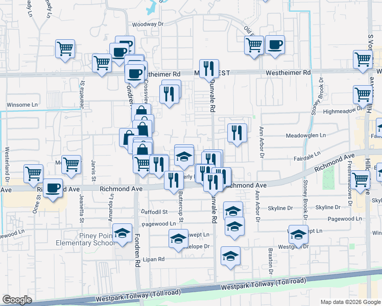 map of restaurants, bars, coffee shops, grocery stores, and more near 8513 Hollyoaks Creek Lane in Houston