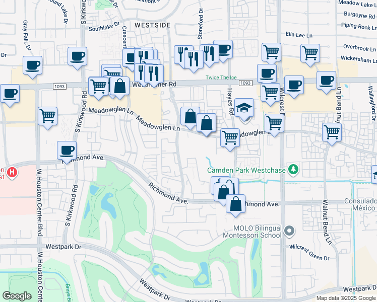 map of restaurants, bars, coffee shops, grocery stores, and more near 2939 Woodland Park Drive in Houston