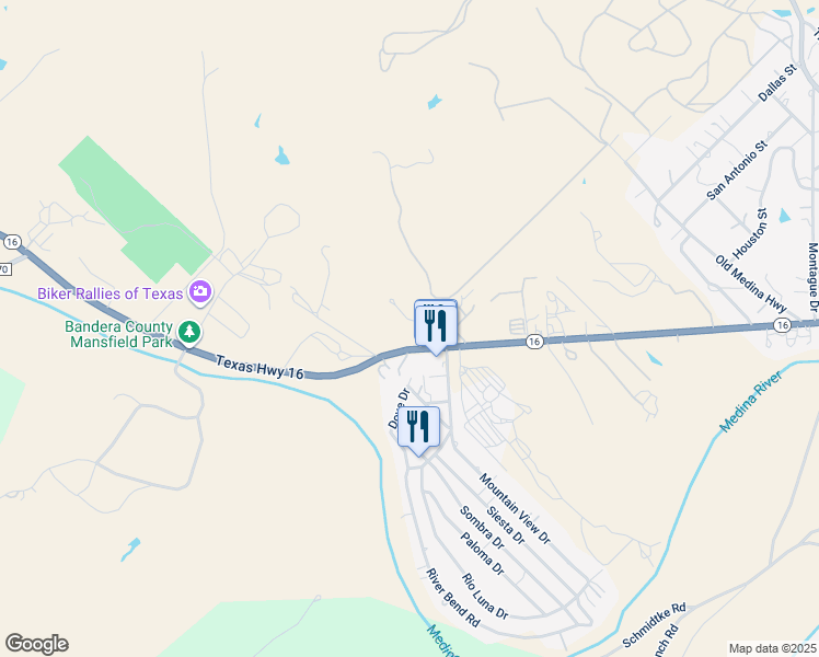 map of restaurants, bars, coffee shops, grocery stores, and more near 2320 Texas 16 in Bandera