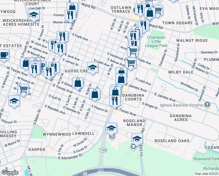 map of restaurants, bars, coffee shops, grocery stores, and more near 205 Lafayette Street in Baytown
