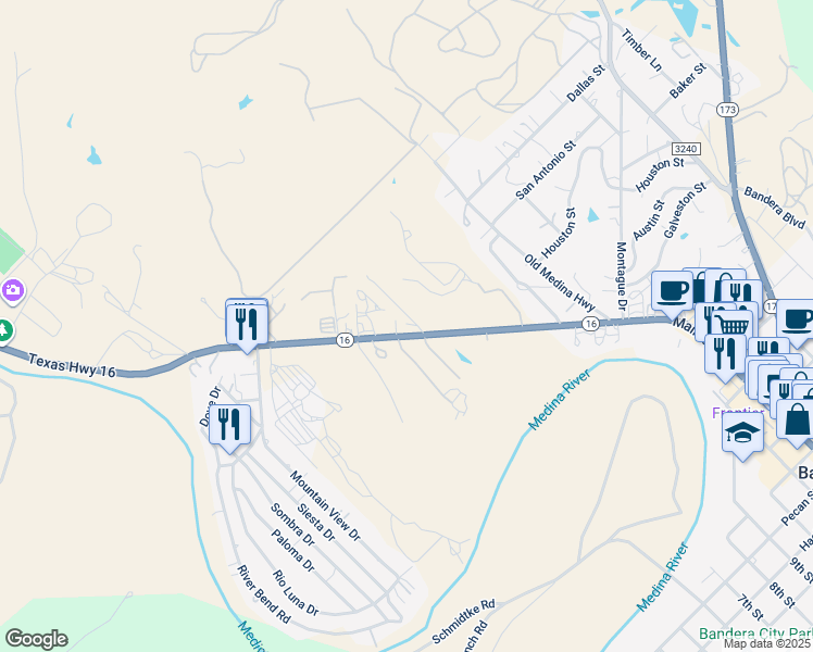 map of restaurants, bars, coffee shops, grocery stores, and more near 125 Howard Lane in Bandera