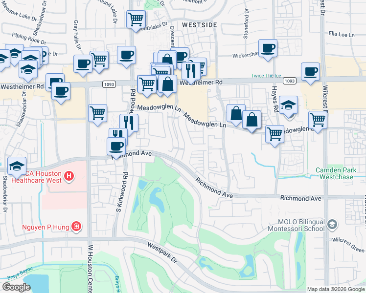 map of restaurants, bars, coffee shops, grocery stores, and more near 2806 Stuart Manor in Houston