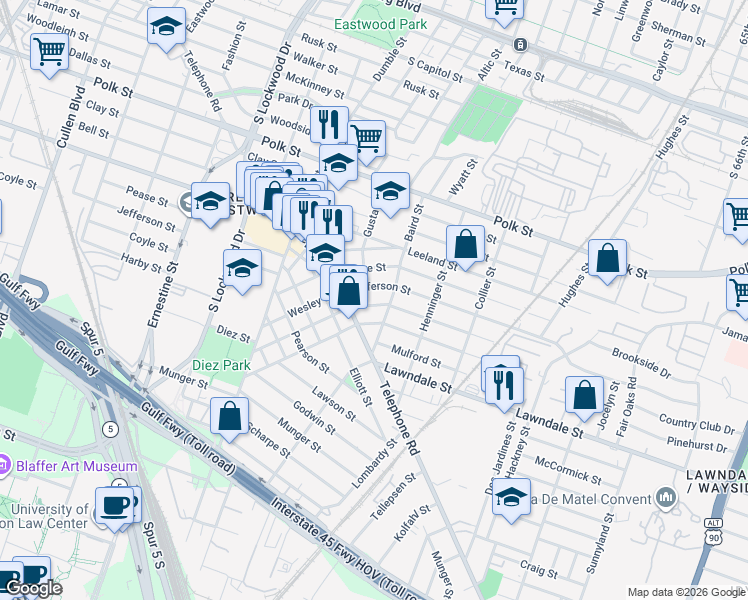 map of restaurants, bars, coffee shops, grocery stores, and more near 5021 Lindsay Street in Houston