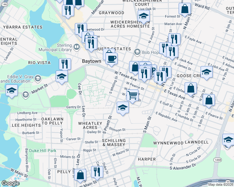 map of restaurants, bars, coffee shops, grocery stores, and more near 501 West Humble Street in Baytown