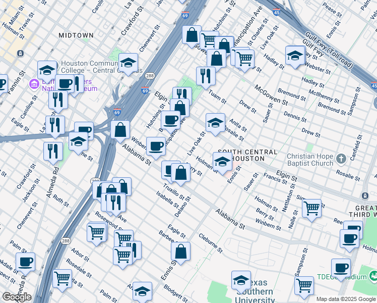 map of restaurants, bars, coffee shops, grocery stores, and more near 2521 Holman Street in Houston