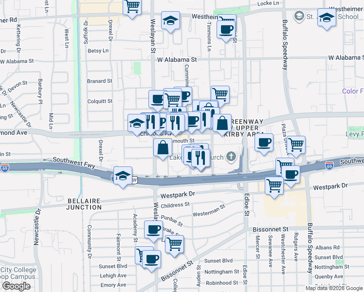 map of restaurants, bars, coffee shops, grocery stores, and more near 9 Greenway Plaza in Houston