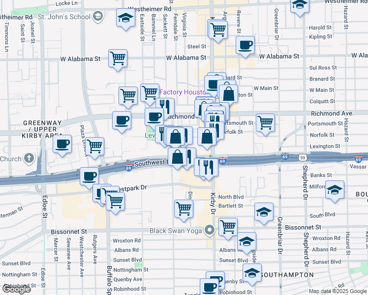 map of restaurants, bars, coffee shops, grocery stores, and more near 2712 Southwest Freeway in Houston