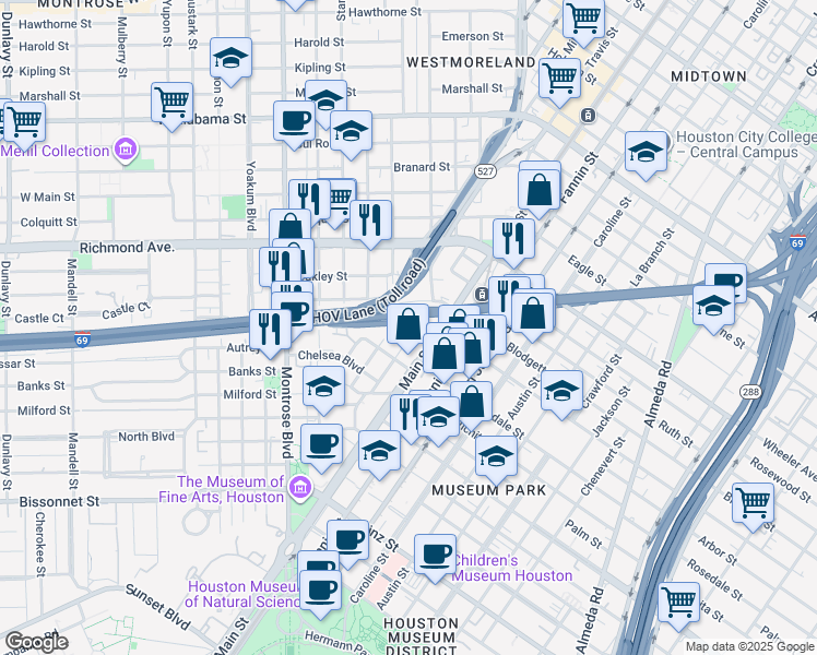 map of restaurants, bars, coffee shops, grocery stores, and more near 4702 Travis Street in Houston
