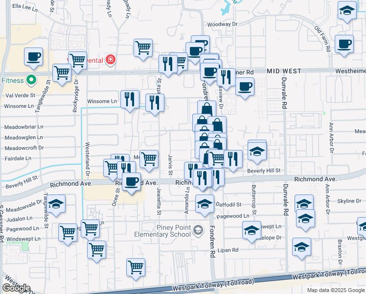 map of restaurants, bars, coffee shops, grocery stores, and more near 9010 Gabriel Street in Houston