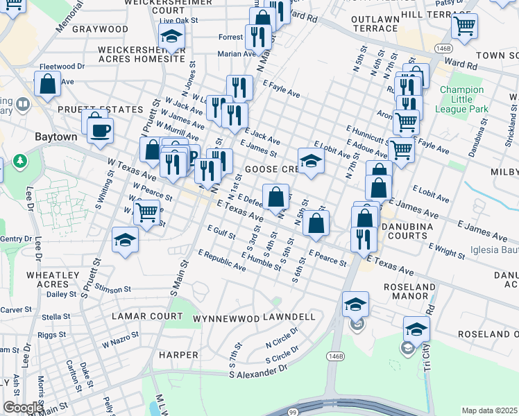 map of restaurants, bars, coffee shops, grocery stores, and more near 217 East Defee Avenue in Baytown
