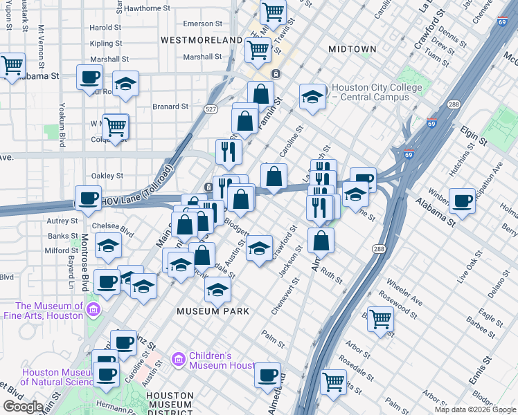 map of restaurants, bars, coffee shops, grocery stores, and more near 1318 Rosewood Street in Houston