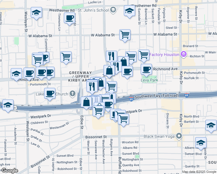 map of restaurants, bars, coffee shops, grocery stores, and more near 3800 Buffalo Speedway in Houston
