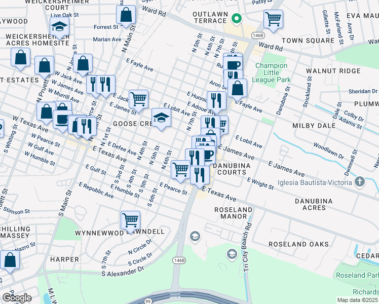 map of restaurants, bars, coffee shops, grocery stores, and more near 205 Lafayette Street in Baytown