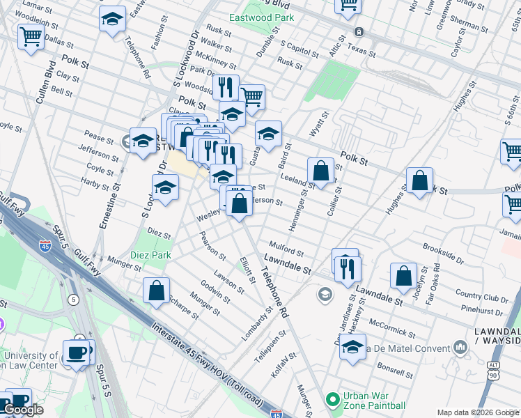 map of restaurants, bars, coffee shops, grocery stores, and more near 5021 Lindsay Street in Houston