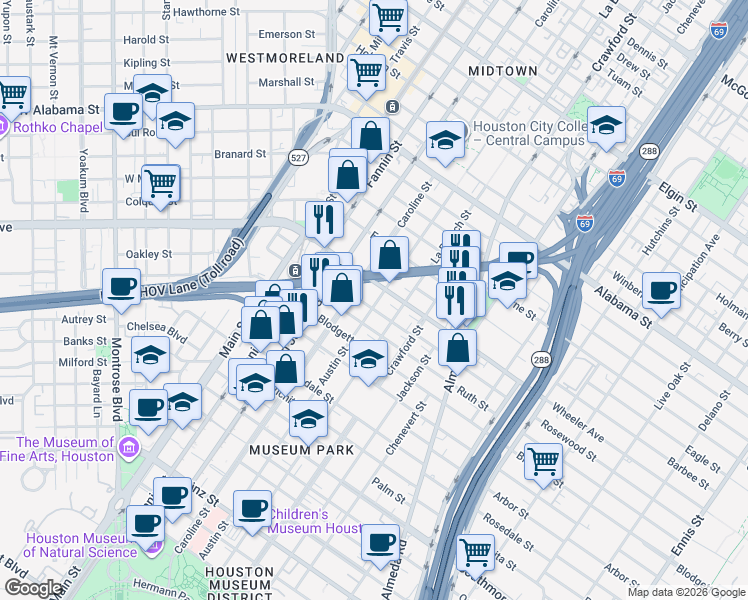 map of restaurants, bars, coffee shops, grocery stores, and more near 1318 Rosewood Street in Houston
