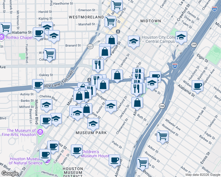 map of restaurants, bars, coffee shops, grocery stores, and more near 1318 Rosewood Street in Houston