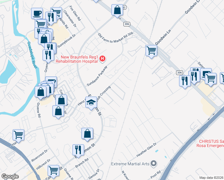 map of restaurants, bars, coffee shops, grocery stores, and more near 859 Camel Back Drive in New Braunfels