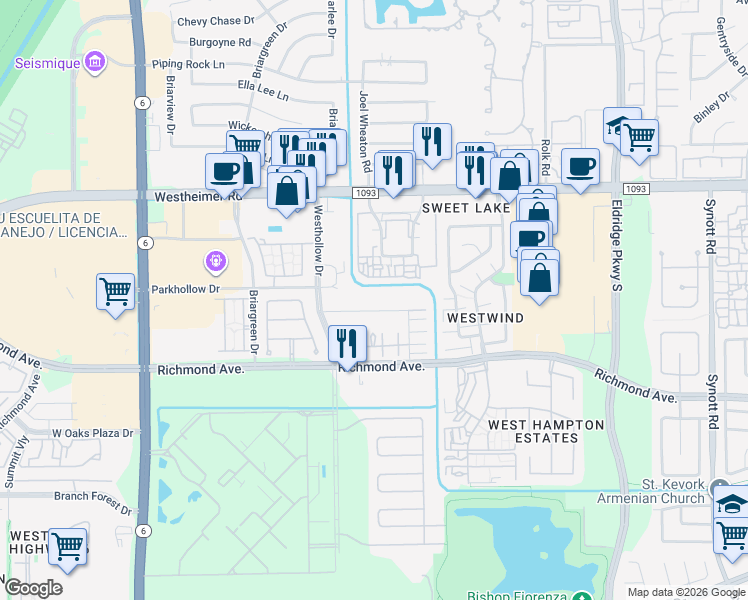 map of restaurants, bars, coffee shops, grocery stores, and more near 13842 Hollowgreen Drive in Houston